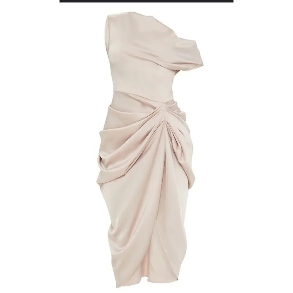 Pretty Little Thing Satin Off The Shoulder Draped Dress Nwt 78$ formal 10 fall - Picture 5 of 11